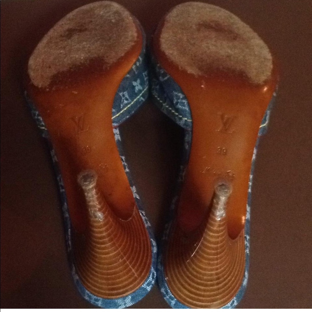 Louis Vuitton Denim Heels Mules Shoes Slides Bow - Picture 7 of 8